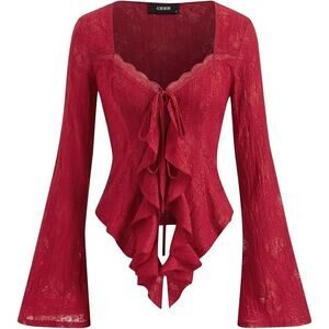Cider Red Lace Bell Sleeve Square Neck Ruffle Tie Front Whimsigoth Victorian Top